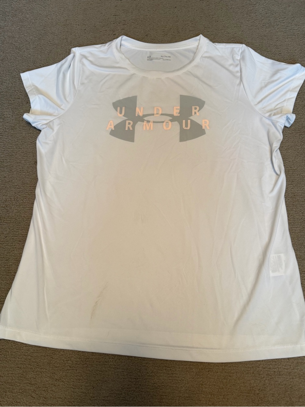 Women’s Under Armour White Short Sleeve Logo Tee with Peach Accents